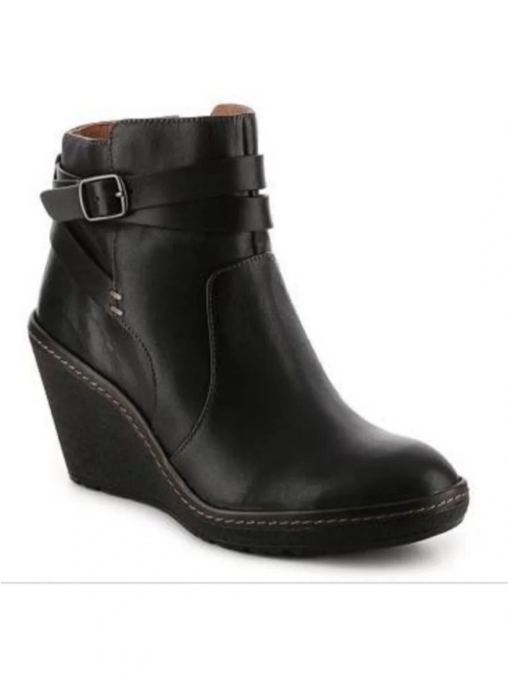 Sofft Caralee Black Leather Wedge Ankle Boot with Buckle Straps